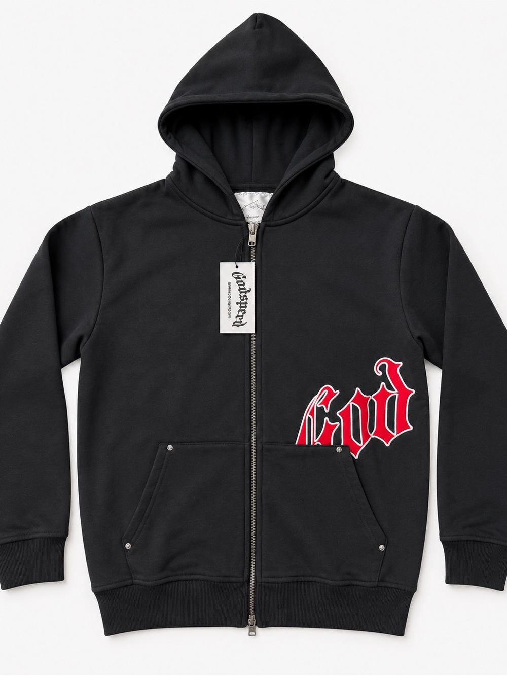 Black Zip-Up Hoodie with Red Script Side Graphic